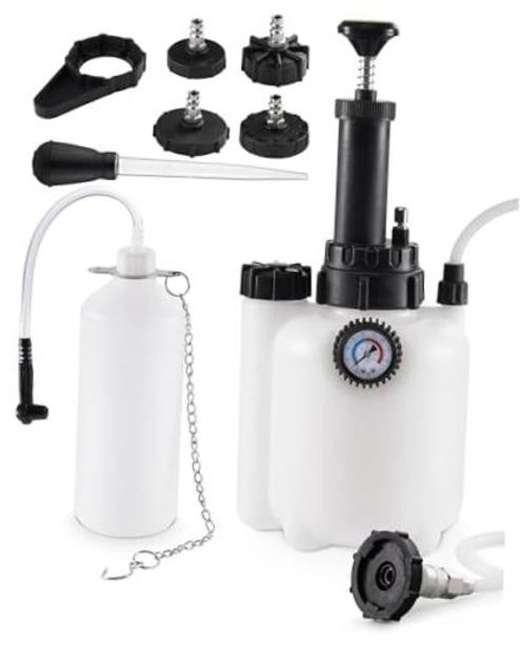 Brake fluid bleeder pump kit with white catch bottle, adapters, hoses, and caps