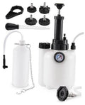 Brake fluid bleeder pump kit with white catch bottle, adapters, hoses, and caps