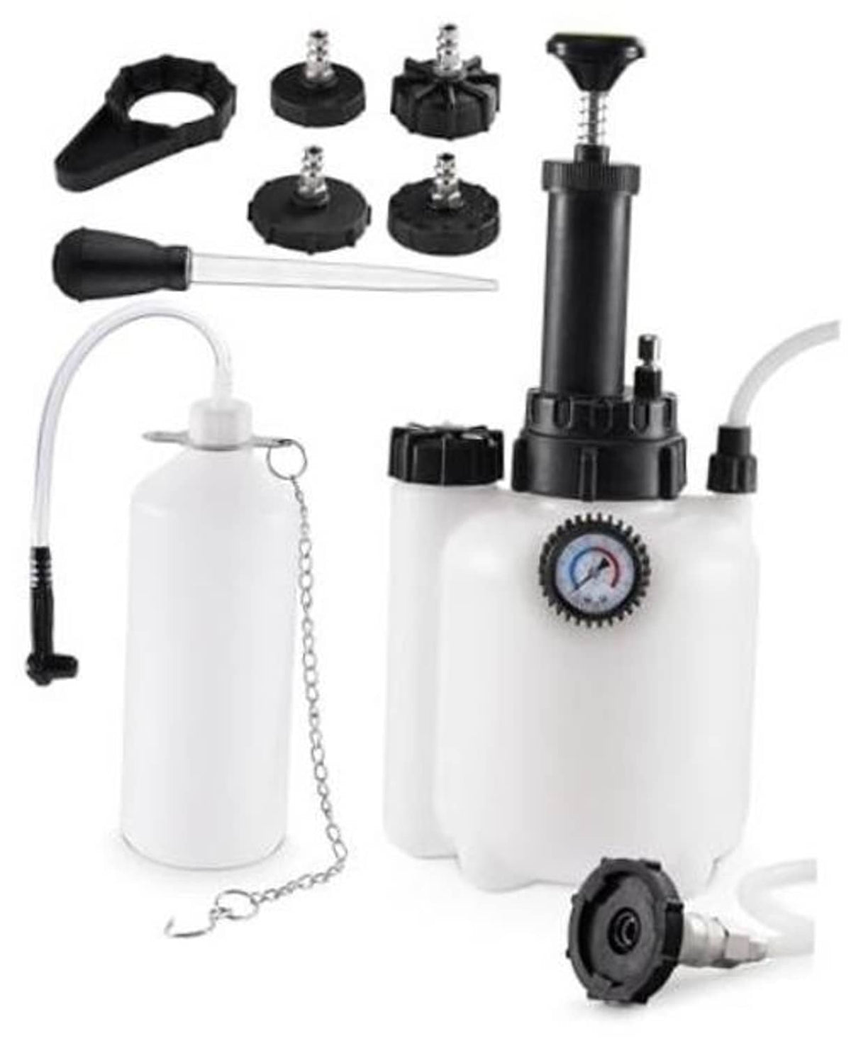 Brake fluid bleeder pump kit with white catch bottle, adapters, hoses, and caps
