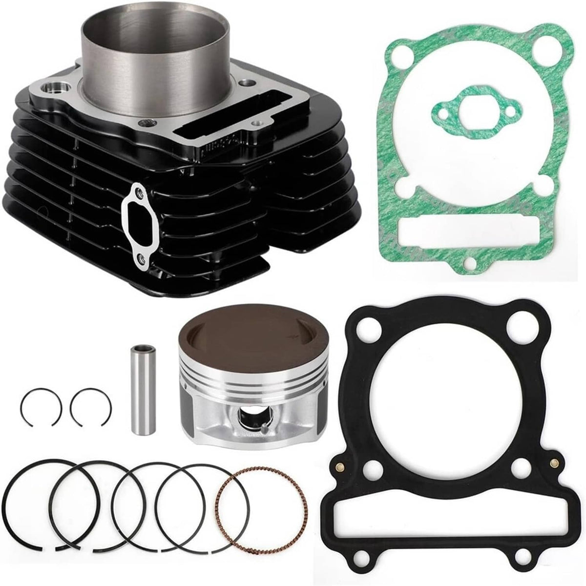 Top end rebuild kit with black cylinder, silver piston, gaskets, and piston rings