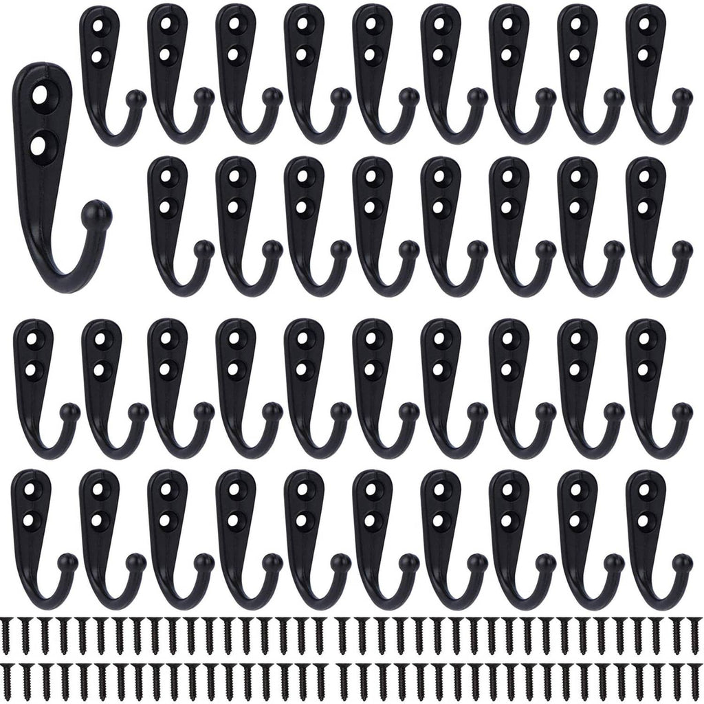 Black metal coat hook set with 38 wall-mount ring hooks, each with screw holes