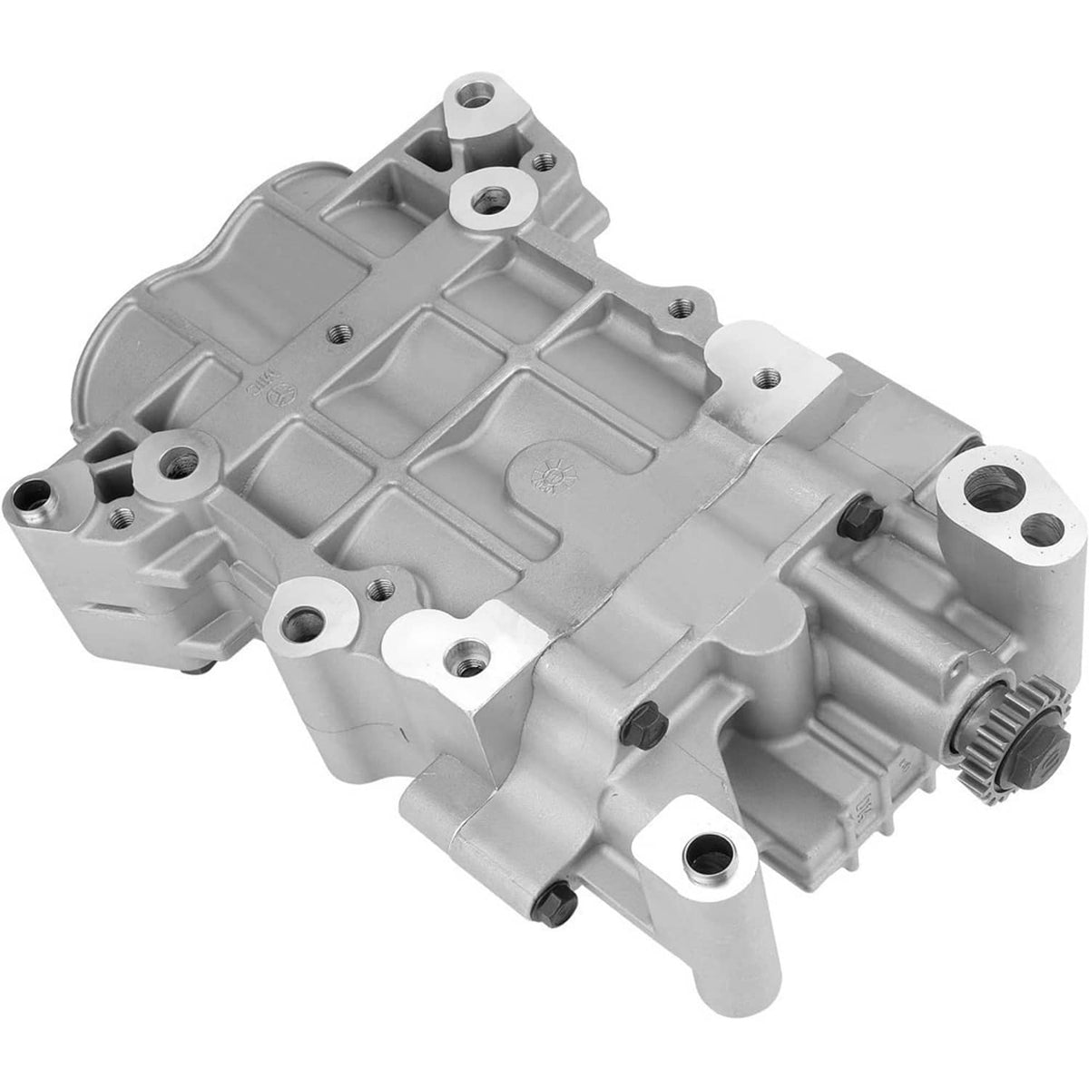 Engine oil balance shaft pump assembly, silver casing with ribbed surfaces and threaded ports
