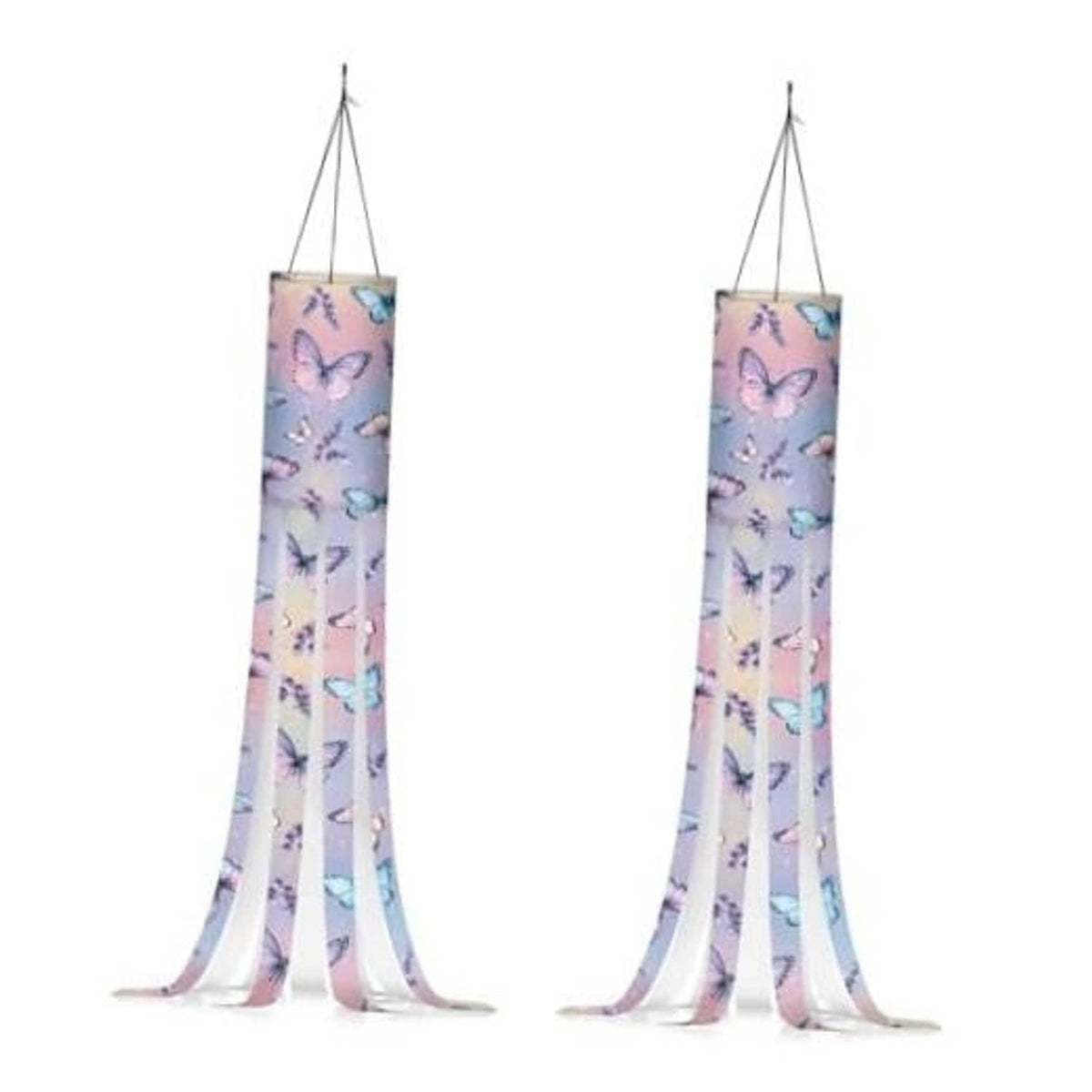 Pair of butterfly print windsock flags with long ribbon tails, light purple and blue
