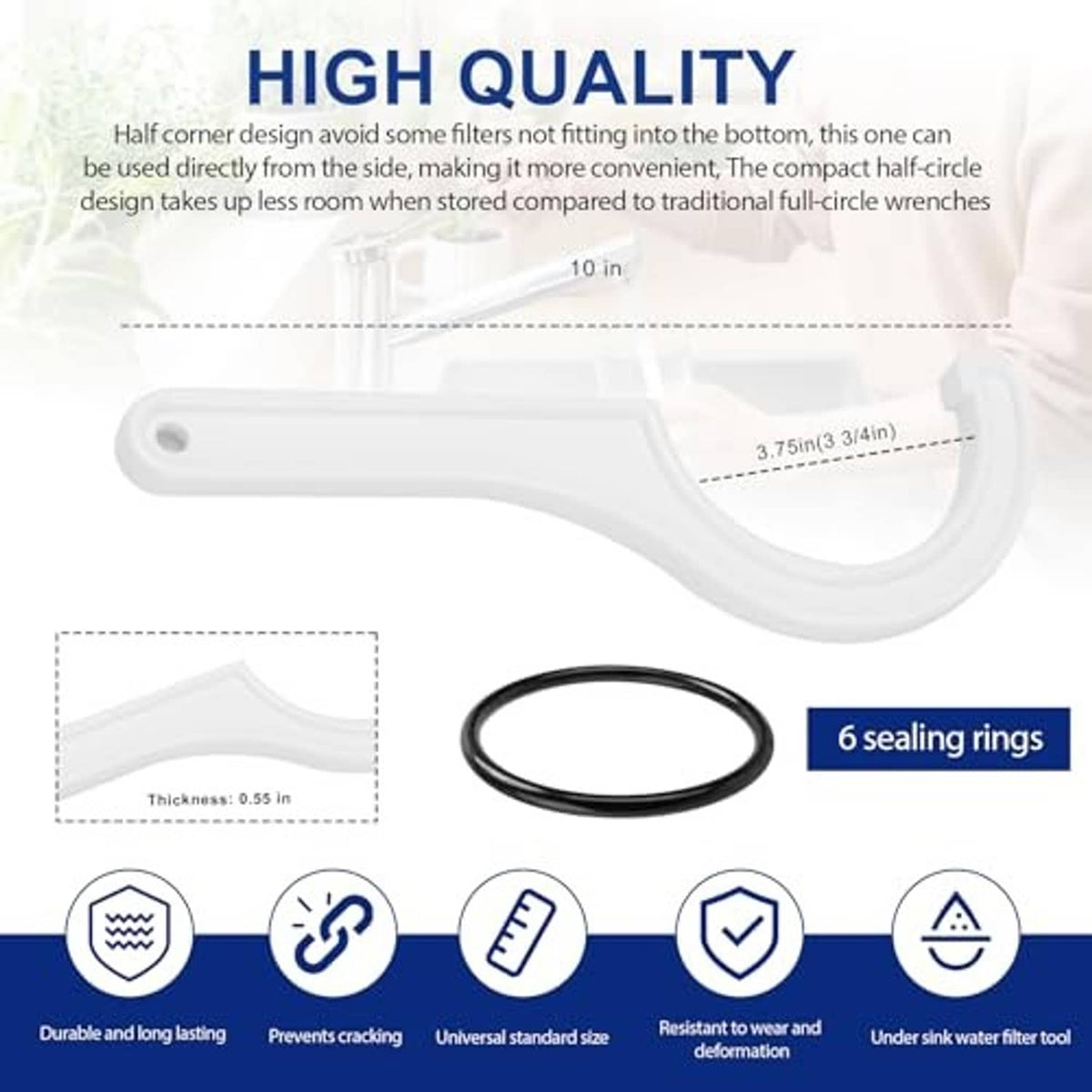 Half-circle water filter housing wrench with six black O-ring sealing rings