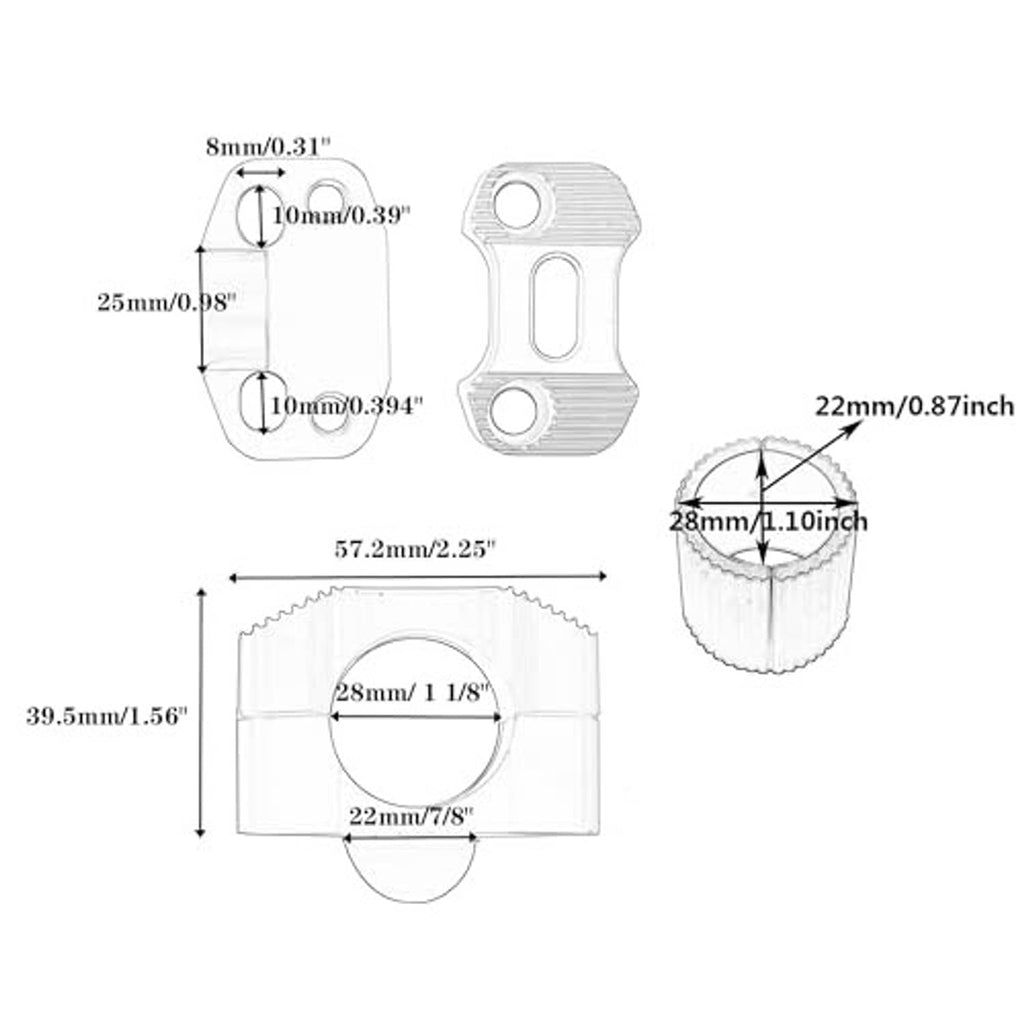 Handlebar clamp riser size diagram showing 22mm and 28mm measurements
