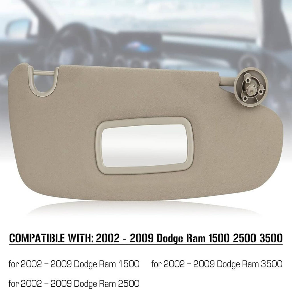 Beige passenger sun visor with mirror window and support rod