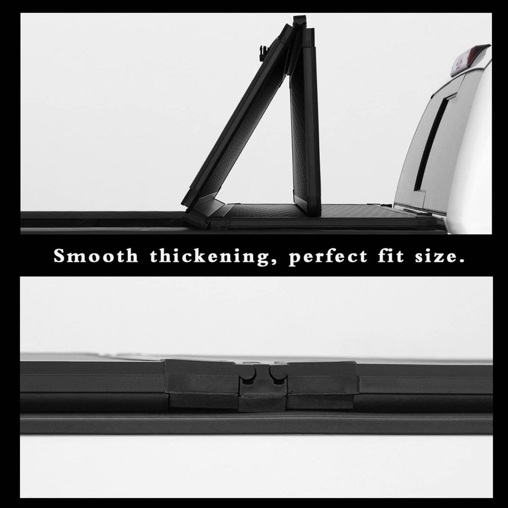 Hard tri-fold tonneau cover hinge and edge seal area, black textured surface