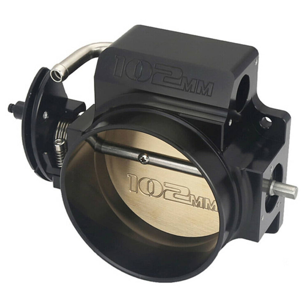102mm aluminum throttle body with black housing, gold bore plate, and side port