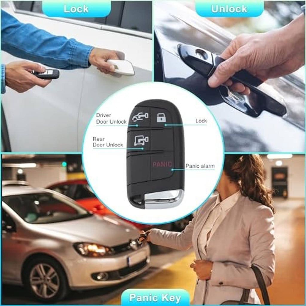 Black keyless entry remote fob with lock, unlock, and panic icons