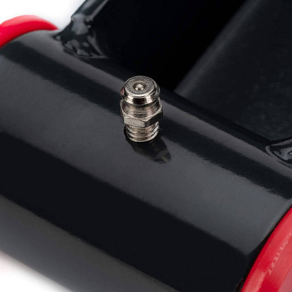 Close-up of threaded stud on black rear drop shackle bracket with mounting holes.