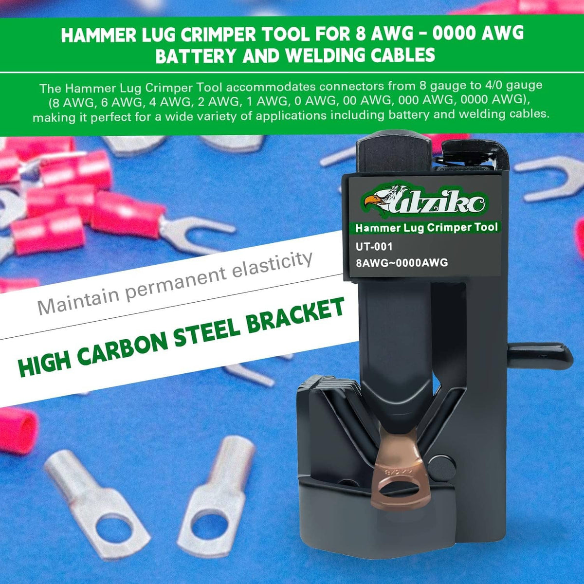 Black hammer lug crimper tool standing upright with copper lug in the die