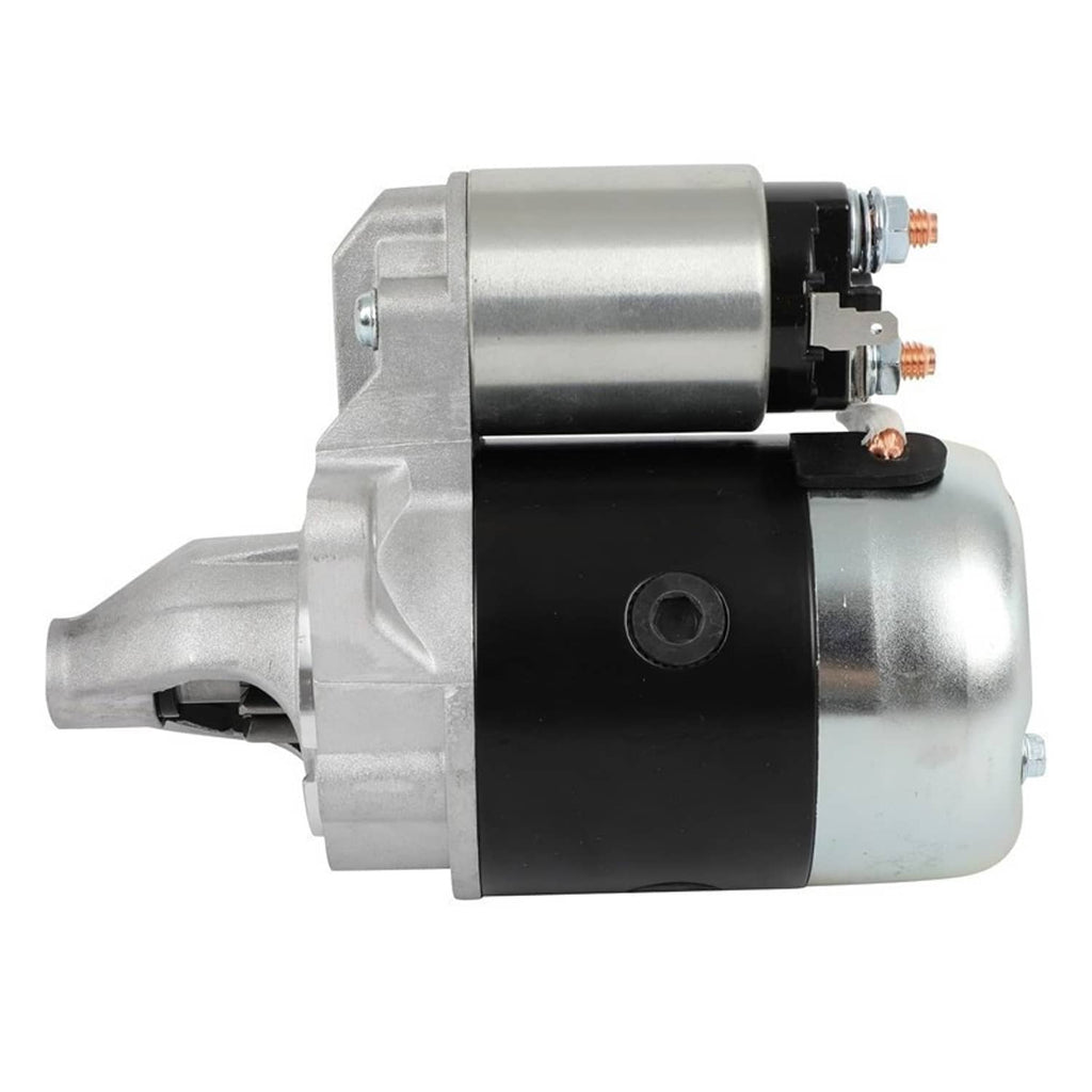 Lawn tractor starter motor with silver drive housing and black body, terminal posts visible
