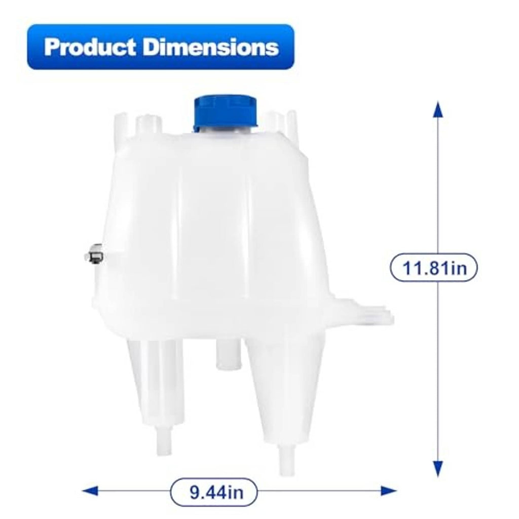 White coolant reservoir tank, dimensioned outline with blue cap