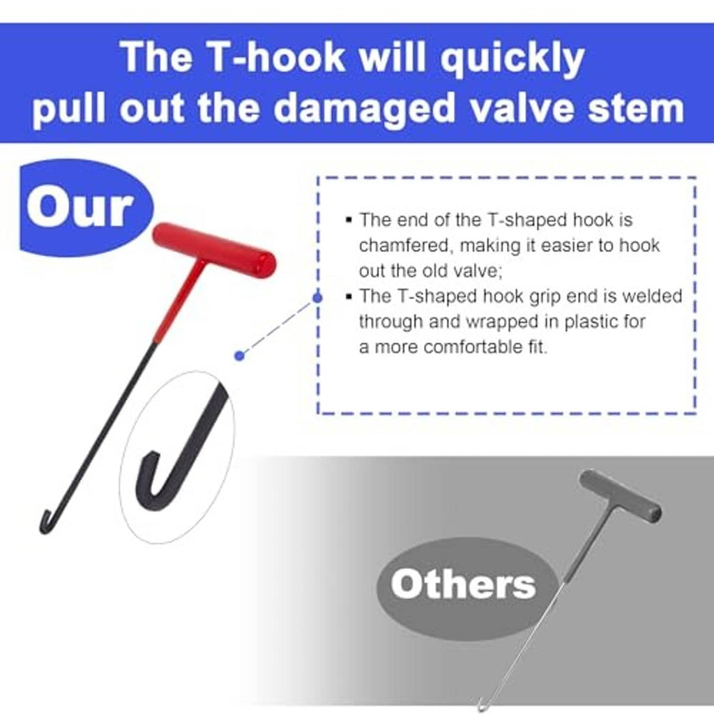 T-shaped hook tool for pulling damaged tire valve stems
