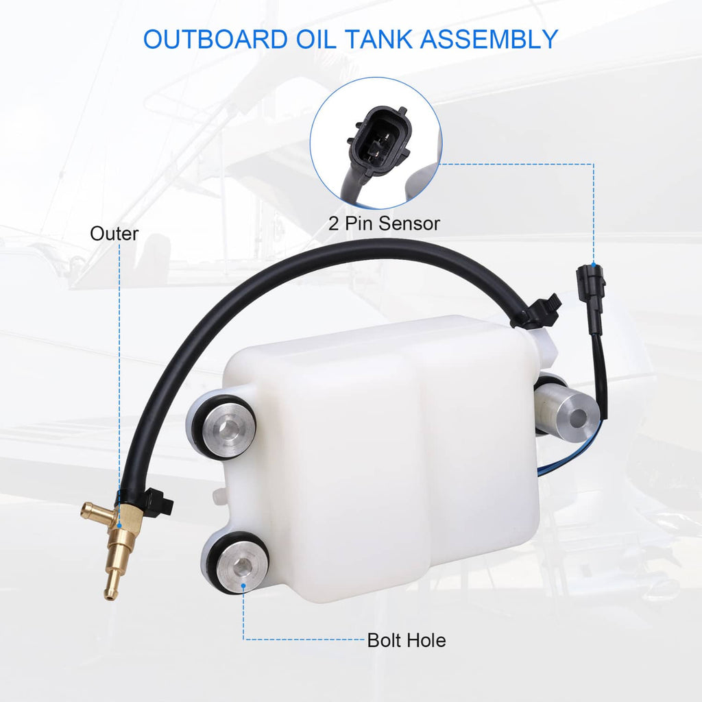 Outboard oil tank assembly with white tank, 2-pin sensor connector, and side mounting bolt holes