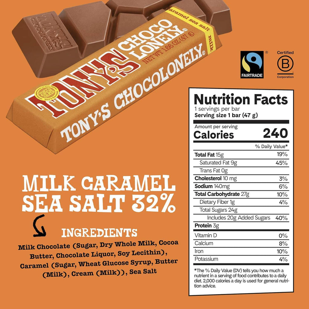 Tony’s Chocolonely milk caramel sea salt chocolate bar, package with Nutrition Facts panel