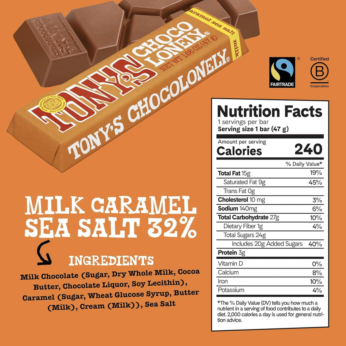 Tony’s Chocolonely milk caramel sea salt chocolate bar, package with Nutrition Facts panel