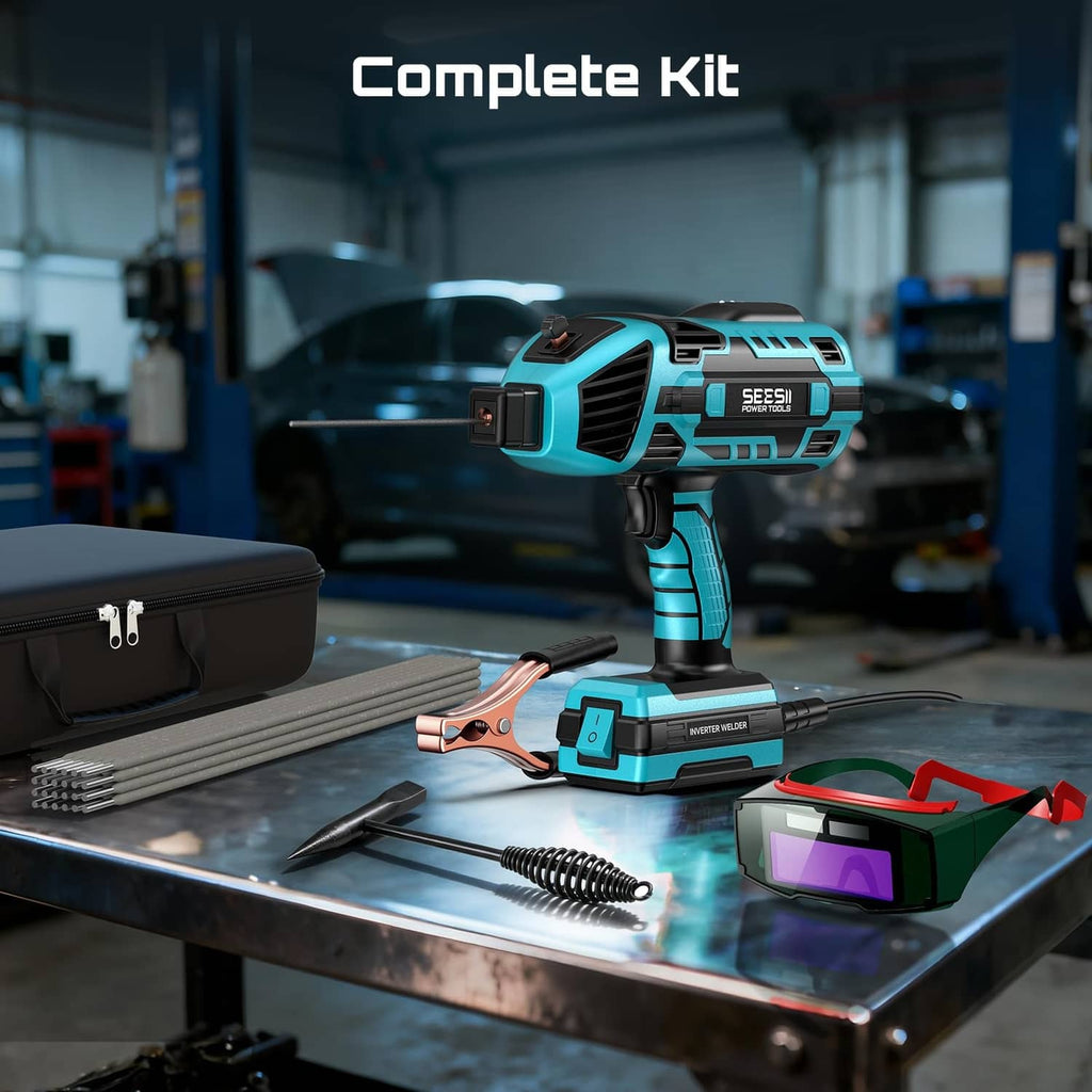 Portable SEESII welding kit with blue welder, purple helmet, electrodes, cables, and case