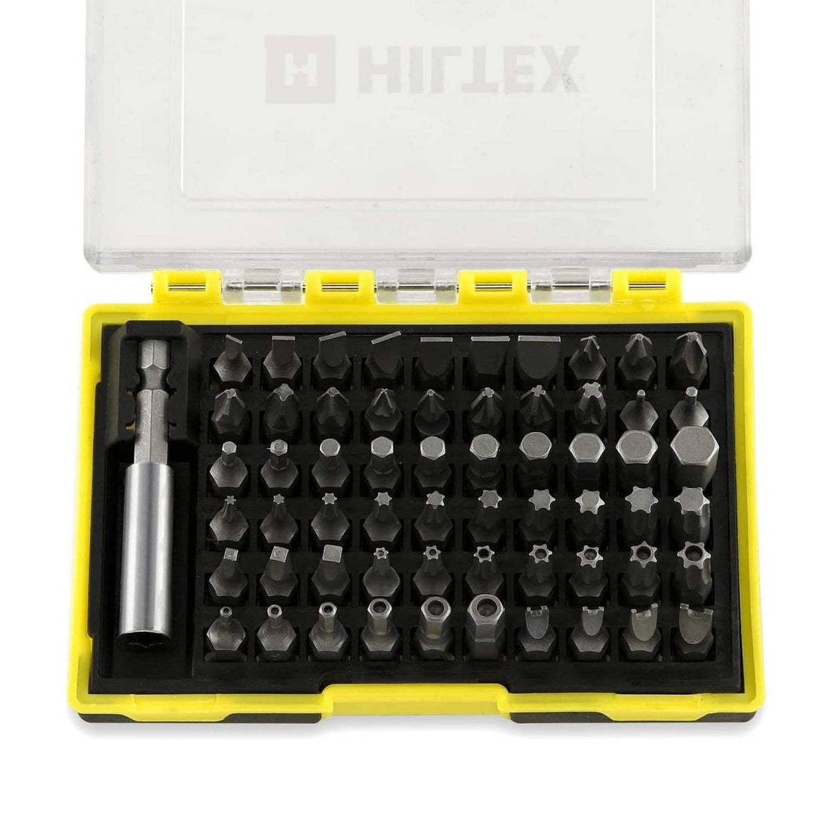 Hiltex security bit set with magnetic extension adapter in open yellow case