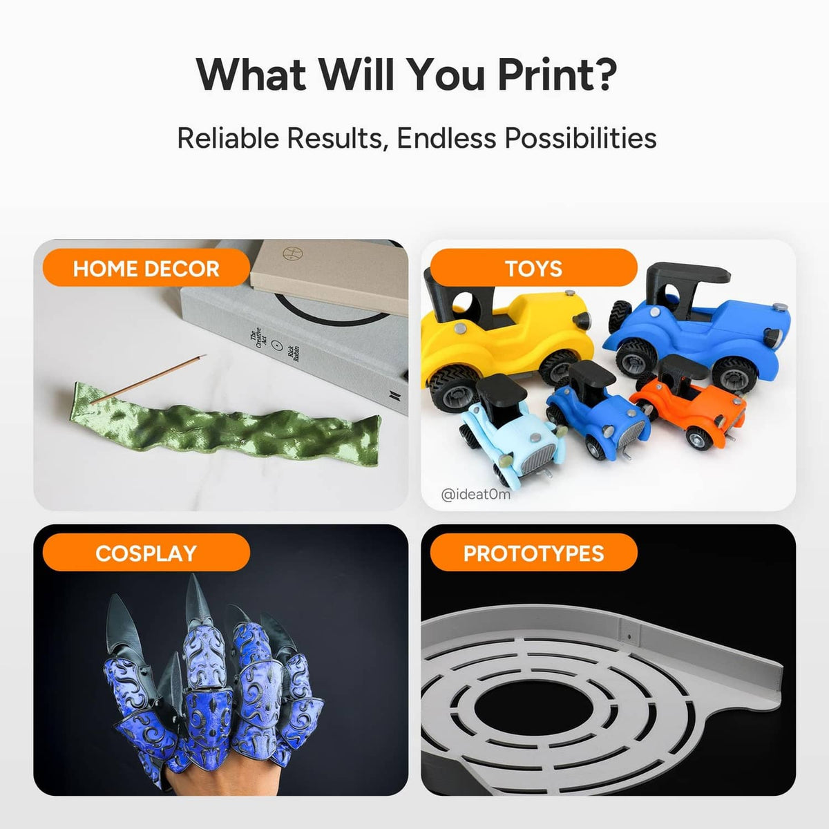 Mixed PLA printed projects for home decor, toys, cosplay, and prototype uses