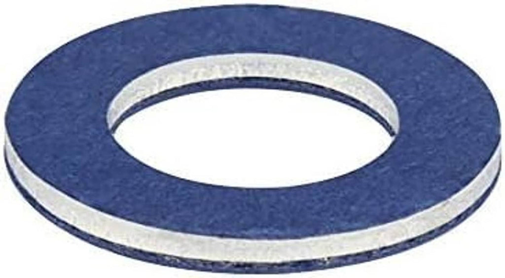 Single aluminum oil drain plug gasket with blue outer ring and metal inner sleeve