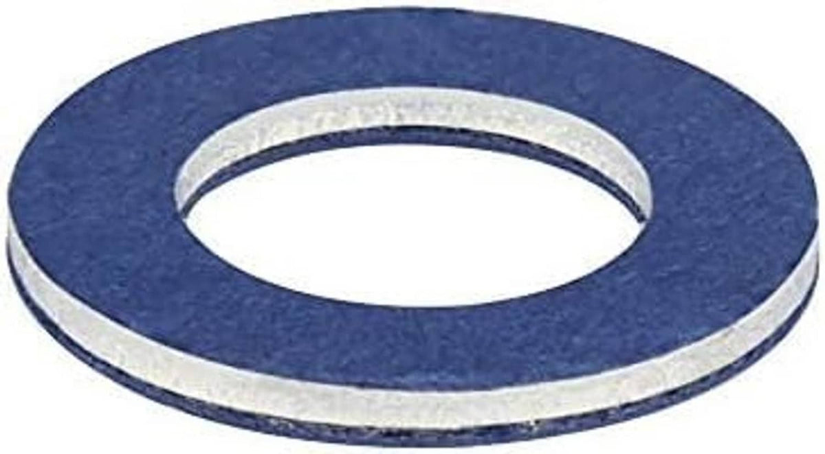Single aluminum oil drain plug gasket with blue outer ring and metal inner sleeve