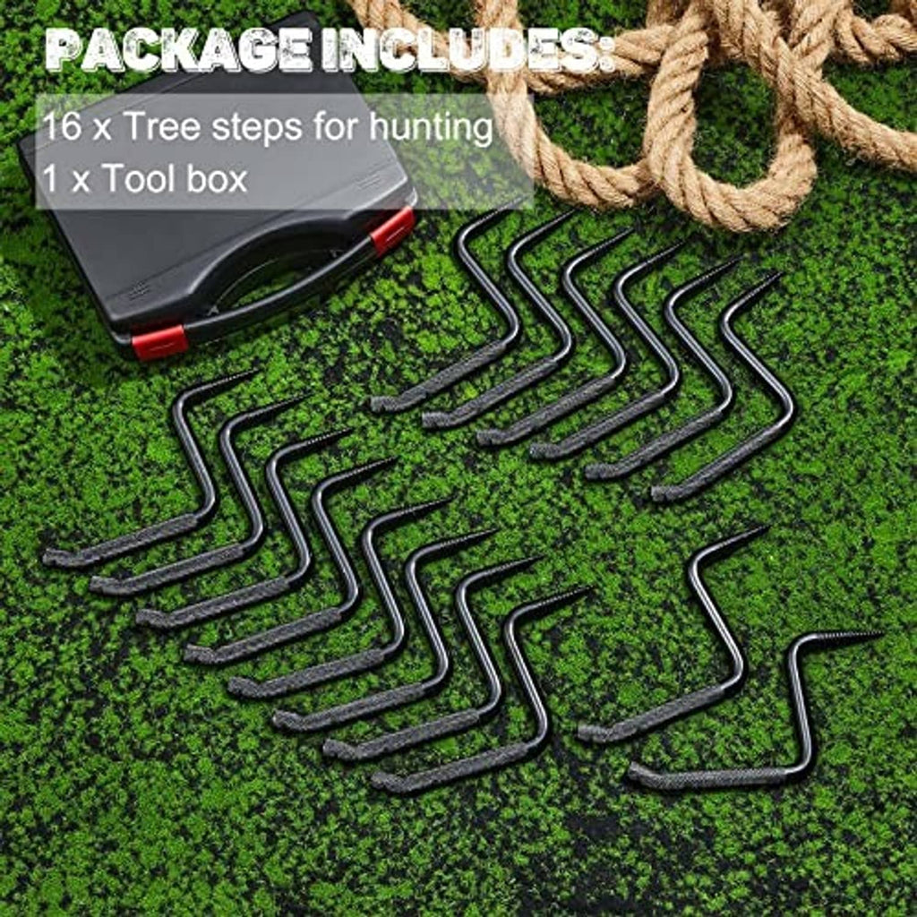 Tree step hook set on grass with black tool box, 16 pieces