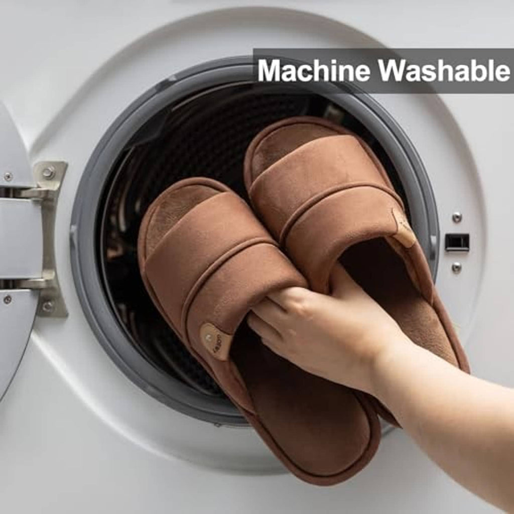 Coffee-brown men's open-toe slippers in a washing machine drum