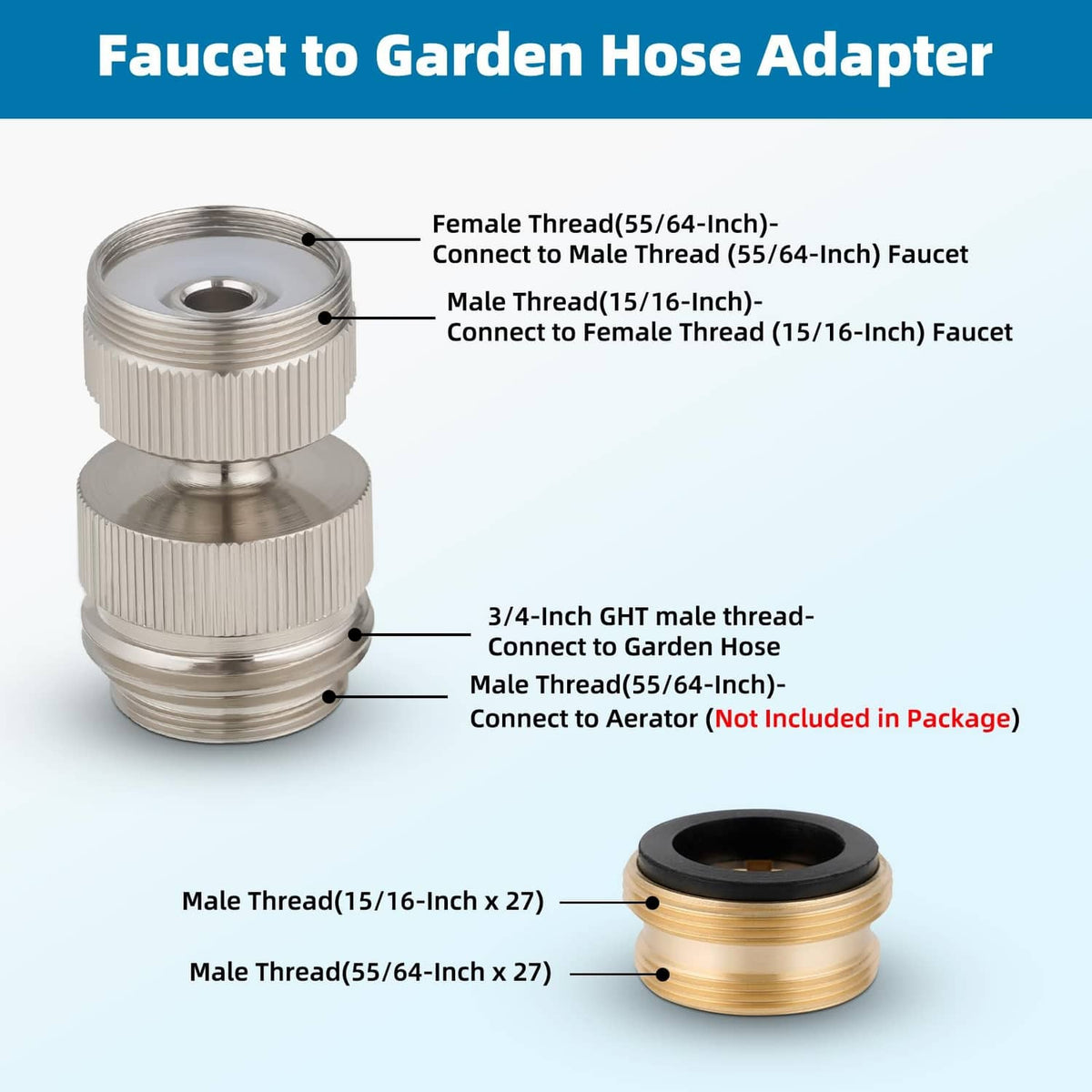 Brushed nickel faucet-to-hose adapter showing male and female thread connections