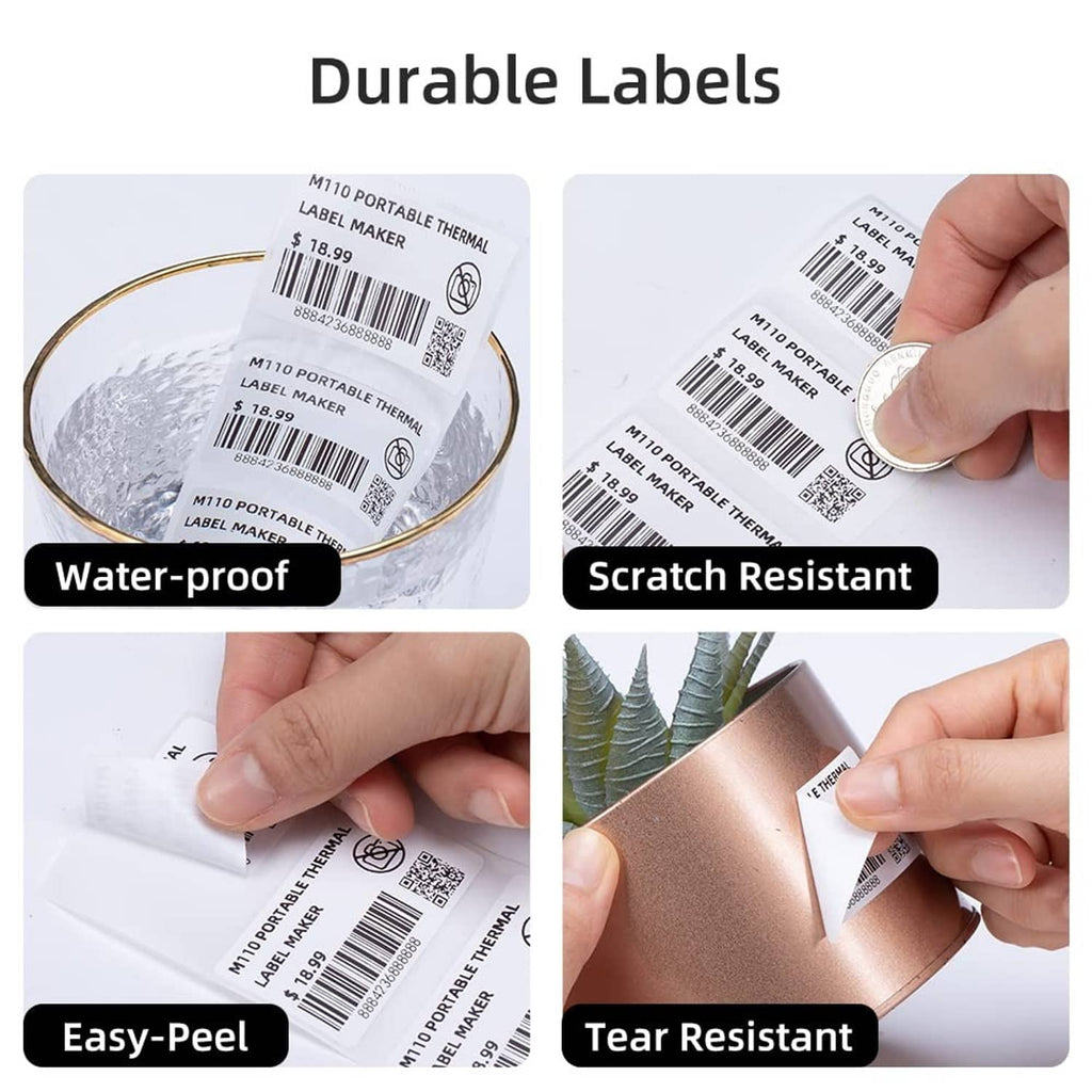 Durable label print examples with waterproof, scratch resistant, easy-peel icons
