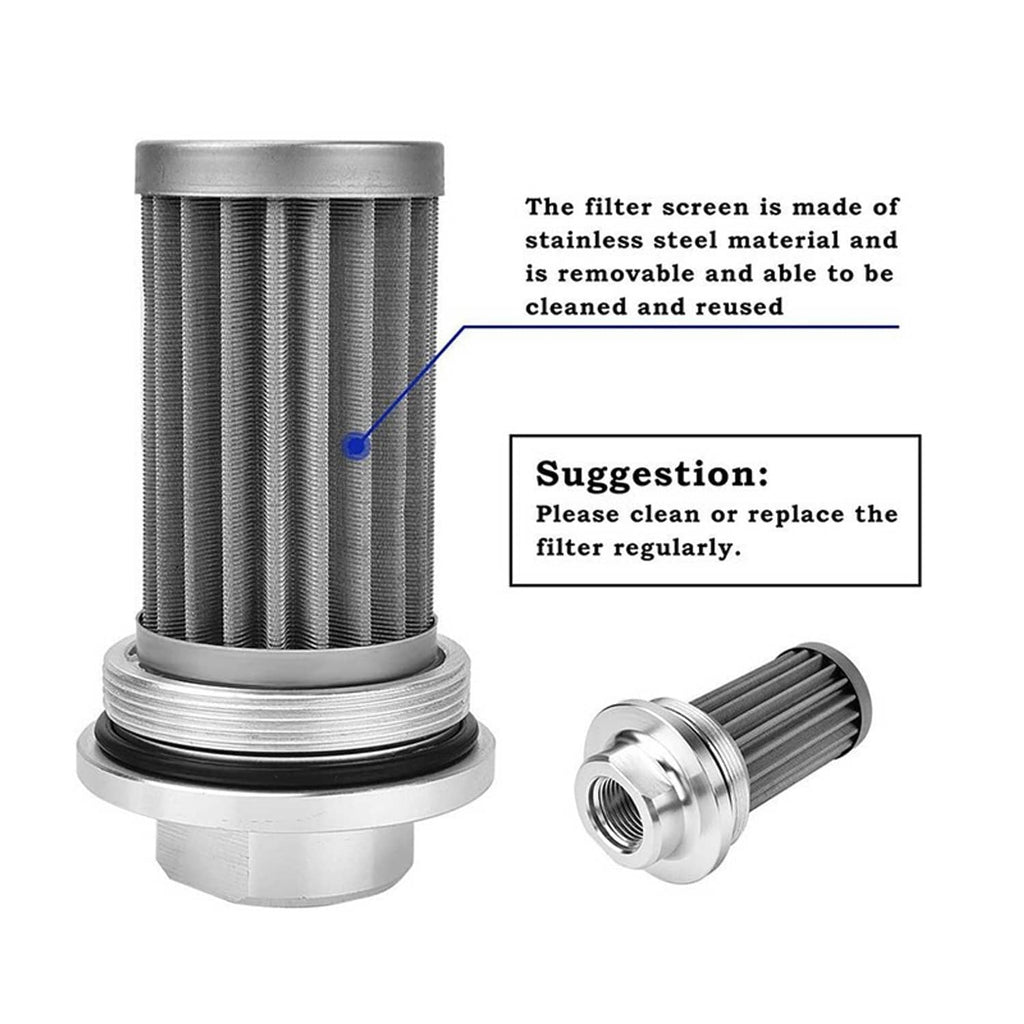 Cleanable inline fuel filter with stainless steel mesh screen and silver mounting ends.