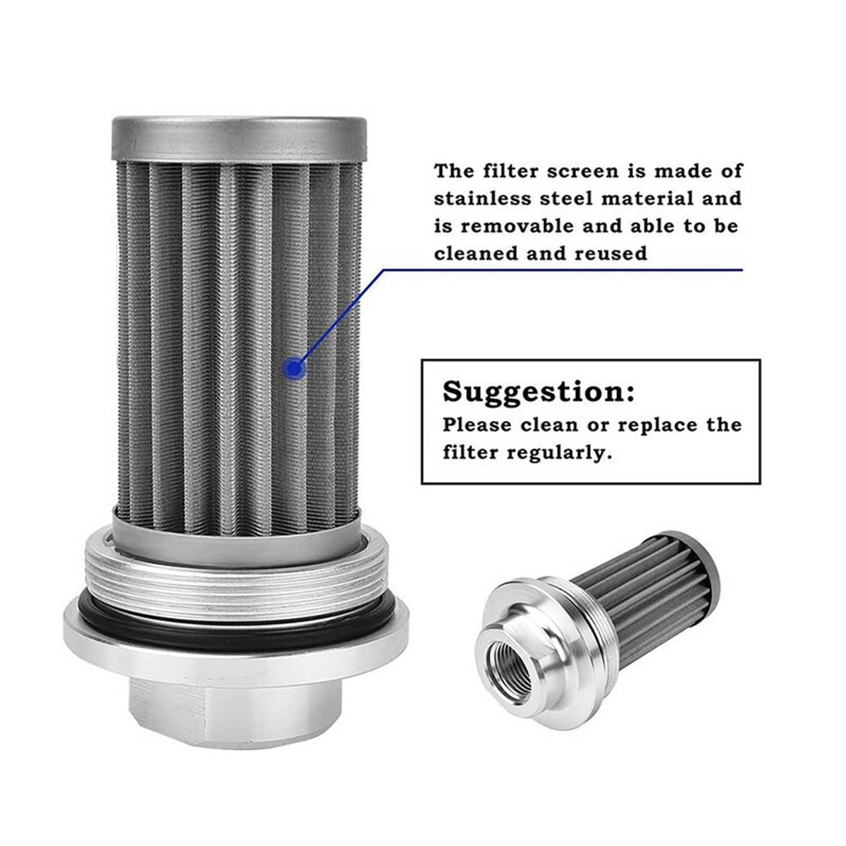 Cleanable inline fuel filter with stainless steel mesh screen and silver mounting ends.