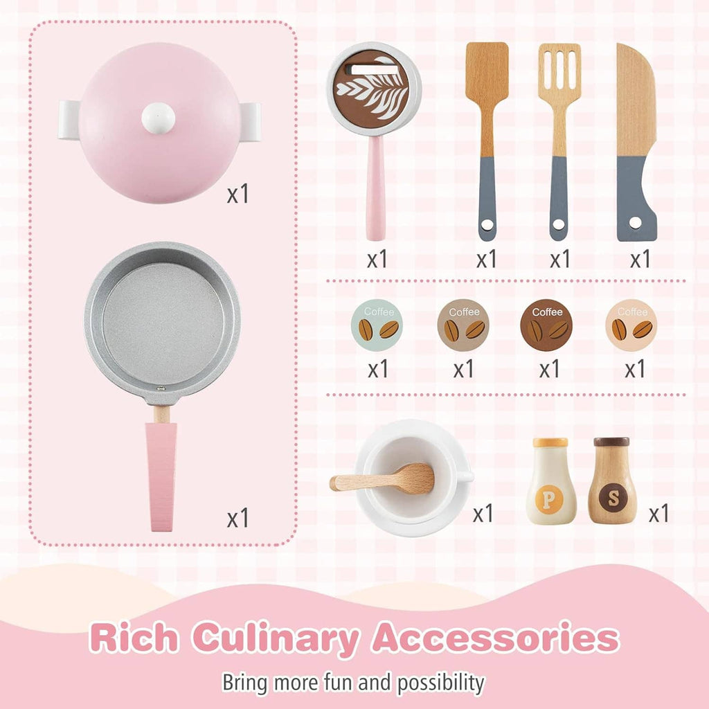 Assorted wooden play kitchen accessories set, including pan, pots, coffee items, and utensils