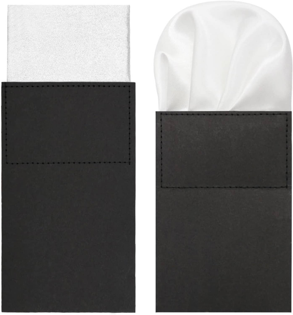 Pair of pre-folded pocket squares with black sleeve and white folded handkerchief