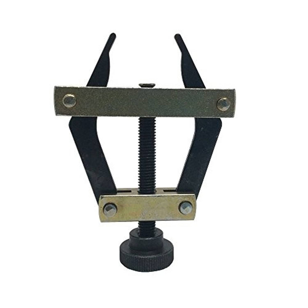 Roller chain connecting puller holder, black fork legs, gold bar, central threaded rod and knob