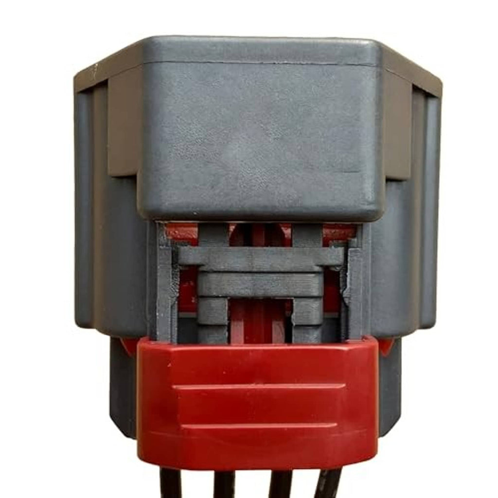Throttle body sensor connector rear view with gray housing and red internal insert