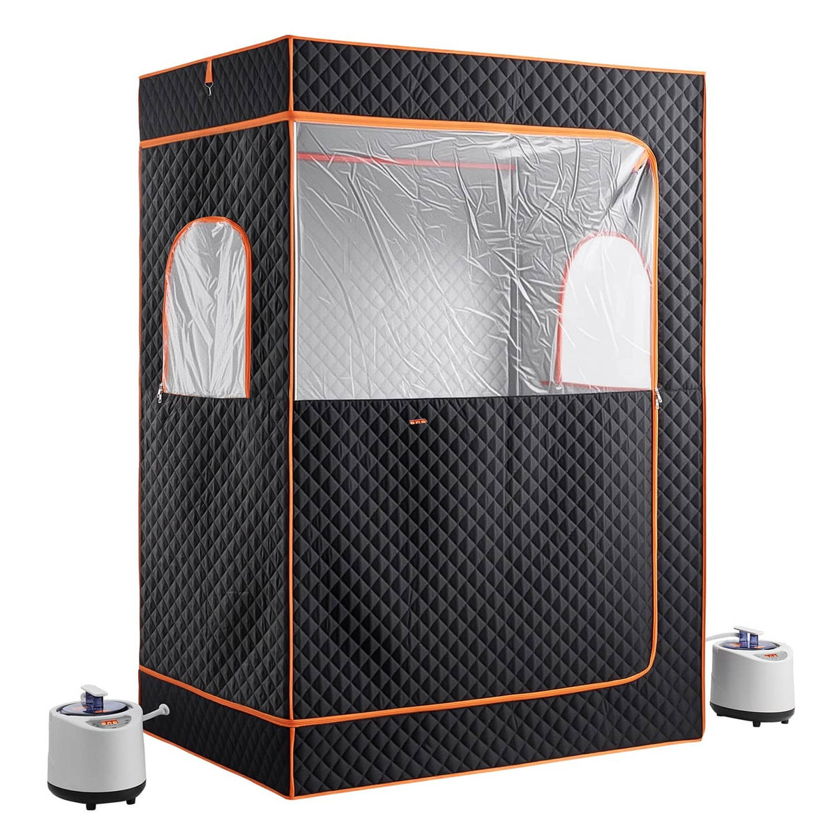 Portable 2-person steam sauna tent in black with orange trim, with steamers on both sides