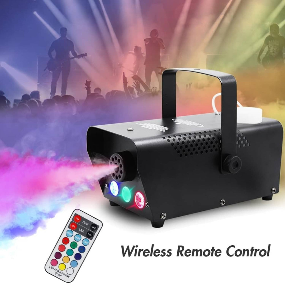 Black fog machine emitting colorful LED smoke with wireless remote control