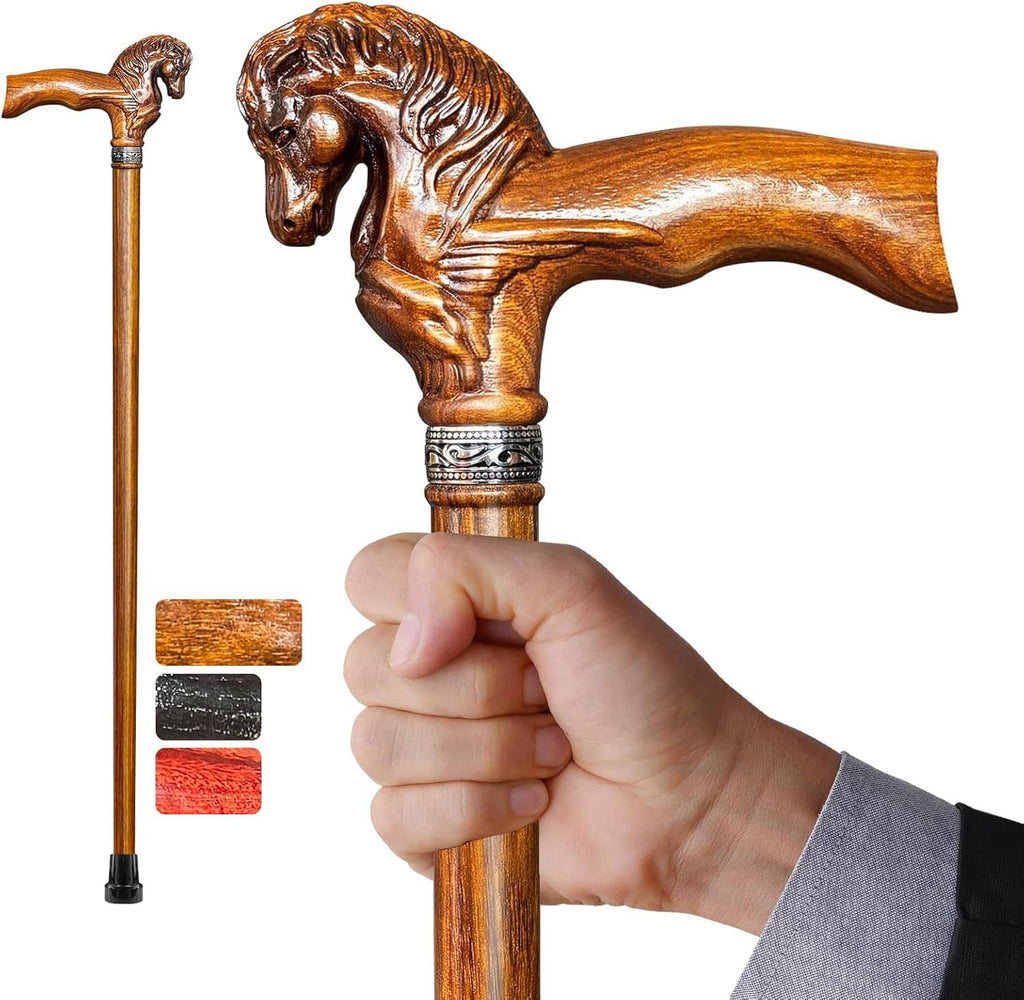 Wood walking cane held in hand, carved horse head handle with banded grip