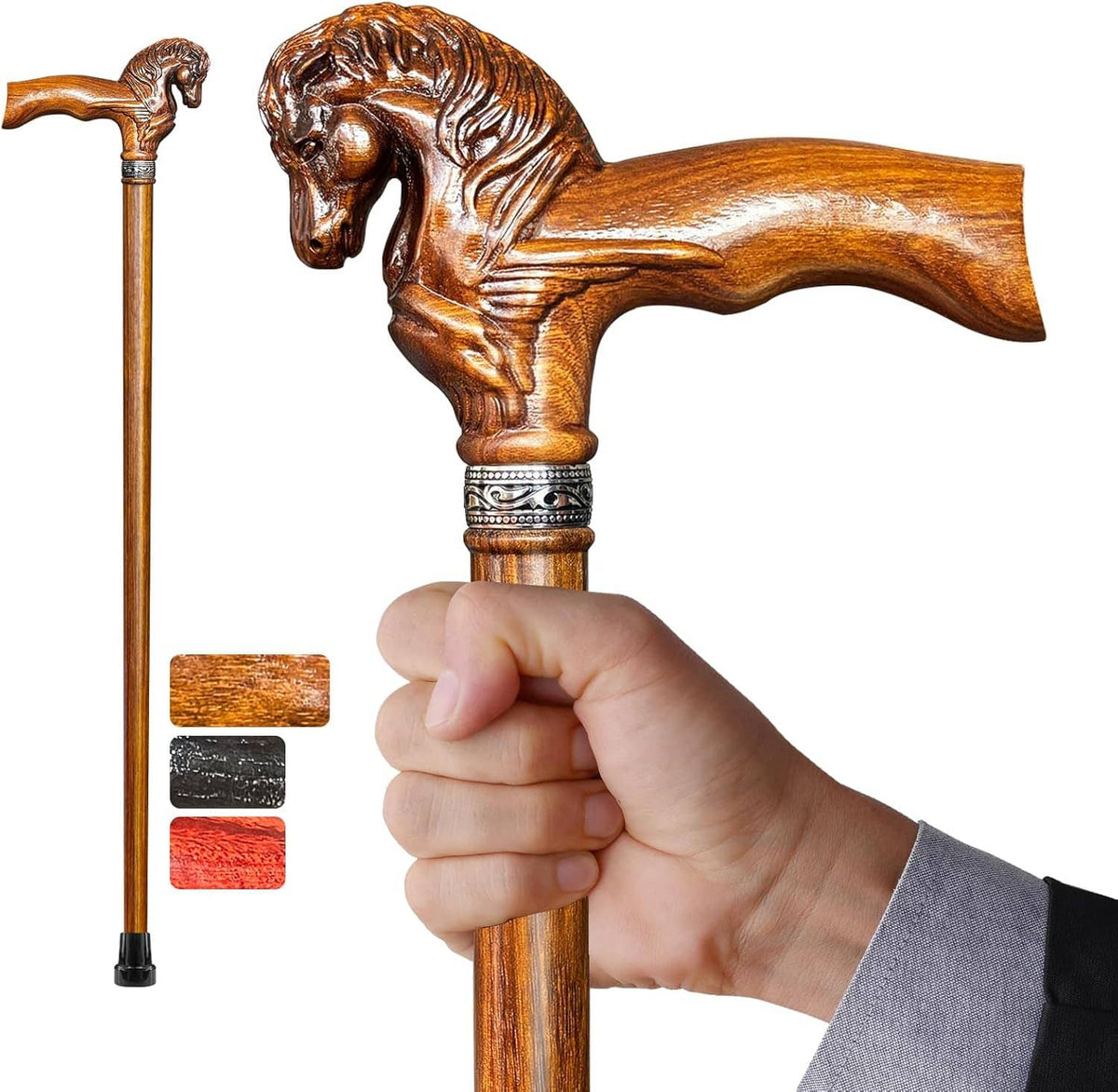 Wood walking cane held in hand, carved horse head handle with banded grip