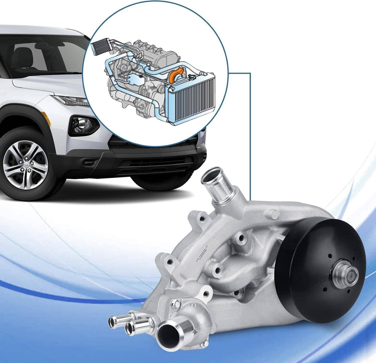 Water pump with thermostat mounted on engine area, silver housing with black front cover