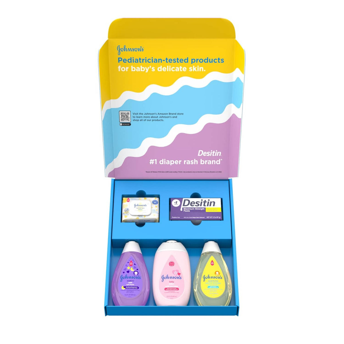 Open baby gift set with three bottles, Desitin Maximum Strength tube, and wipes