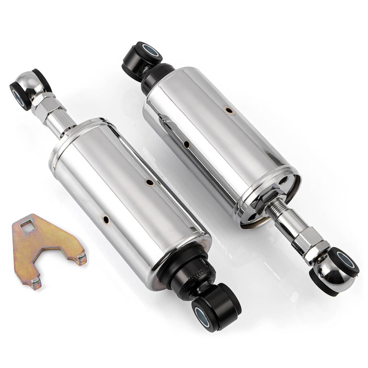 Chrome rear shock absorbers pair with black eye bushings and mounting bracket