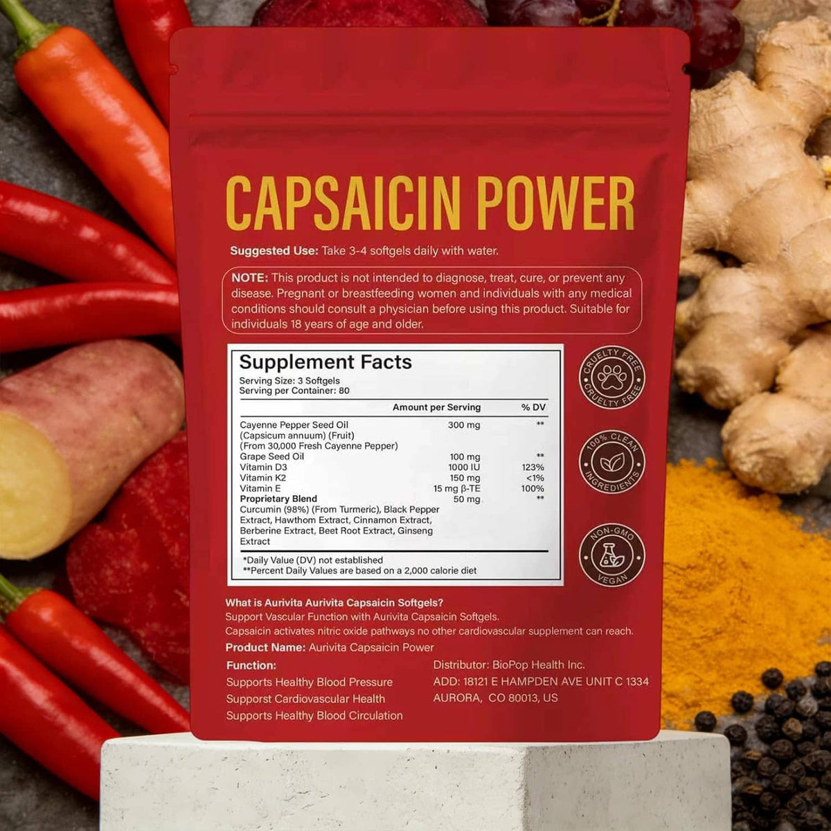 Aurivita Capsaicin Power softgels supplement pouch back with Supplement Facts panel