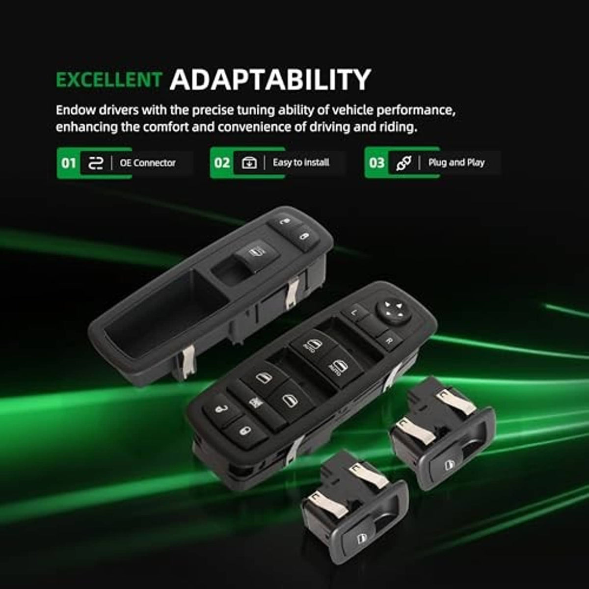 Black window switch kit with master switches and wiring connector pieces