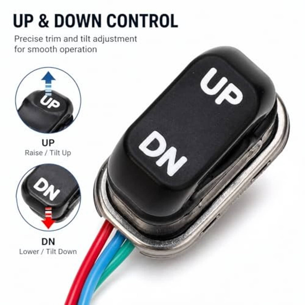Trim tilt switch with black UP/DN buttons on a compact metal base, wired connectors