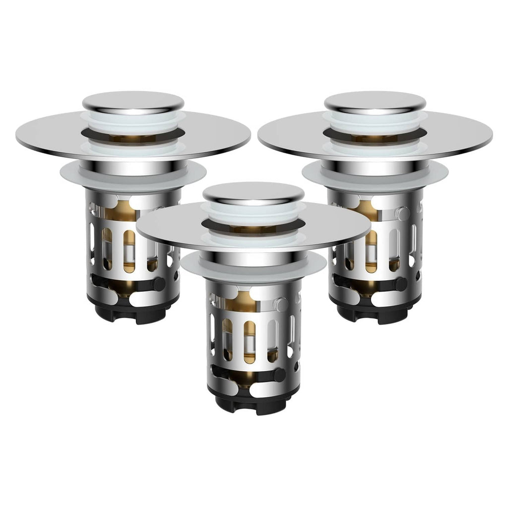 Three-piece chrome pop-up bathroom sink drain strainer set with metal filter baskets.