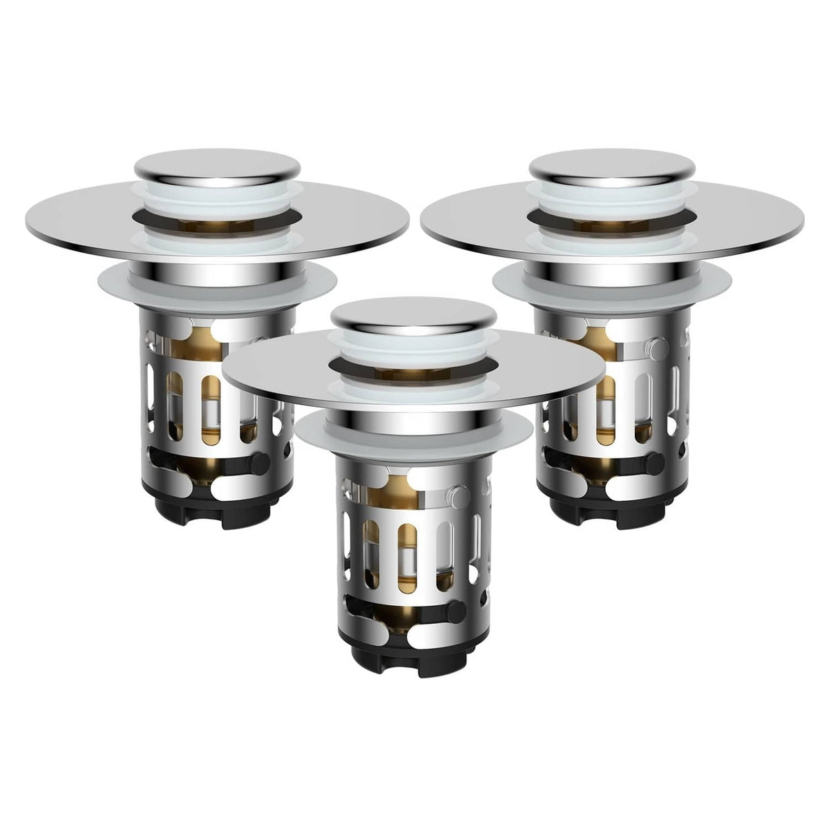 Three-piece chrome pop-up bathroom sink drain strainer set with metal filter baskets.