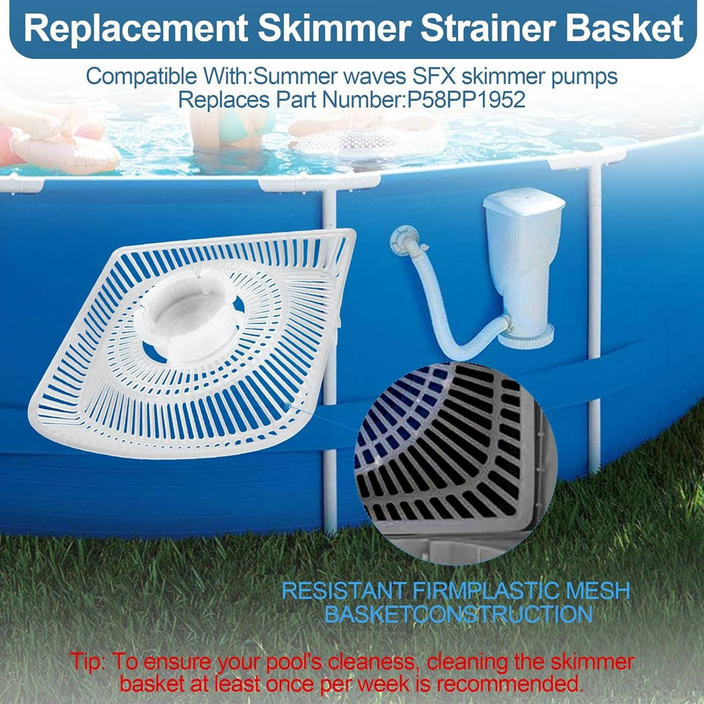 White replacement skimmer strainer basket shown beside a skimmer pump
