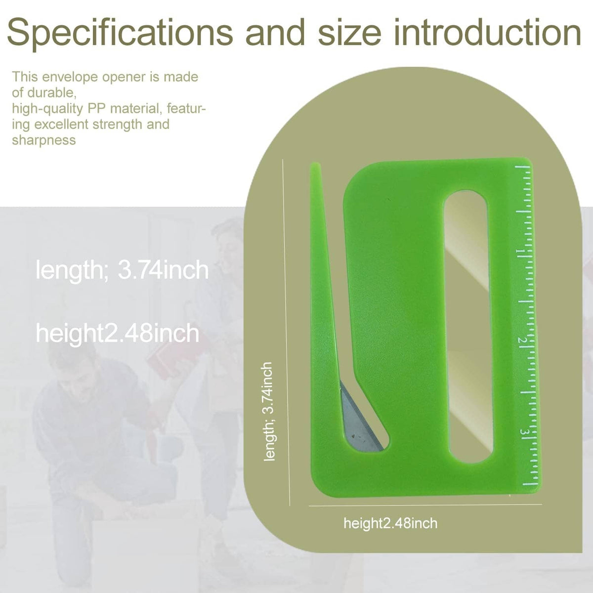 Green envelope letter opener with concealed blade and measurement scale